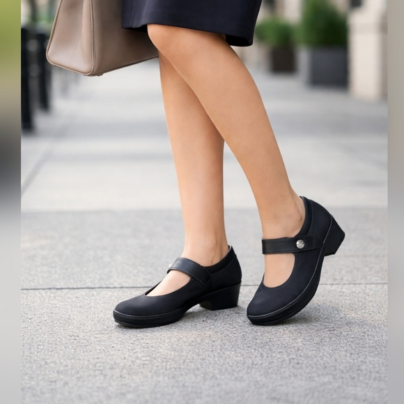 Alegria Shoes - Alegria Black Leather Mary Jane Platform Wedge Comfort Shoes Adjustable Strap